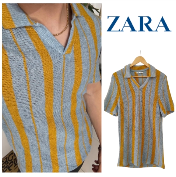 Zara Other - Zara Men Knit Polo with Blue and Yellow Stripes. Size M